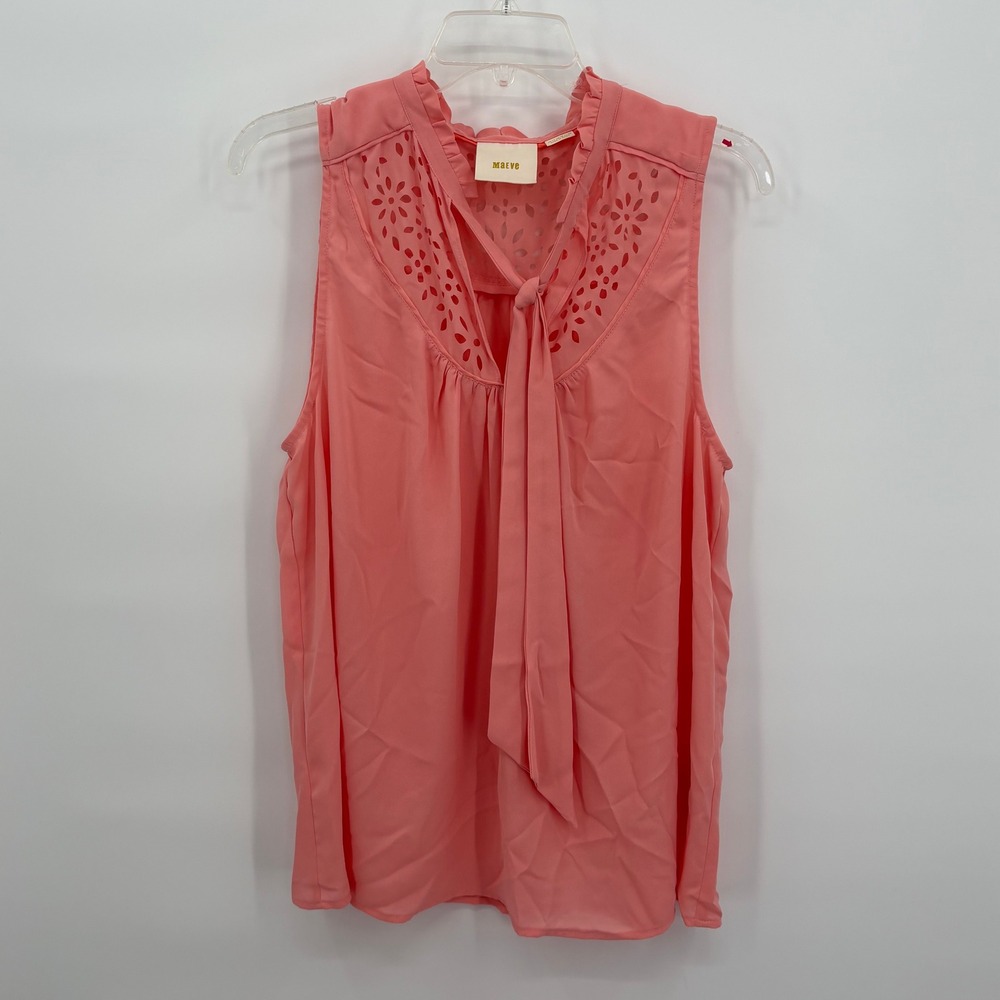 Maeve Anthropologie Coral Pink Eyelet Tie Neck Sleeveless Blouse Size 14
